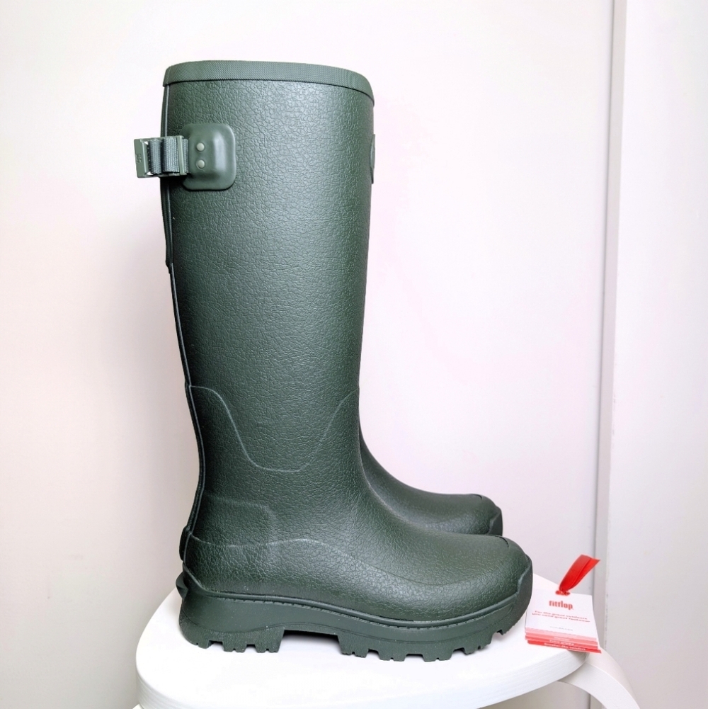 FitFlop Wonderwelly Deep Green Waterproof Tall Rubber Lug Sole Rain Boots Size 6 - Picture 5 of 13